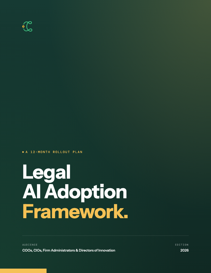 Cover of the Legal AI Adoption Framework — 12-month rollout plan, 2026 edition